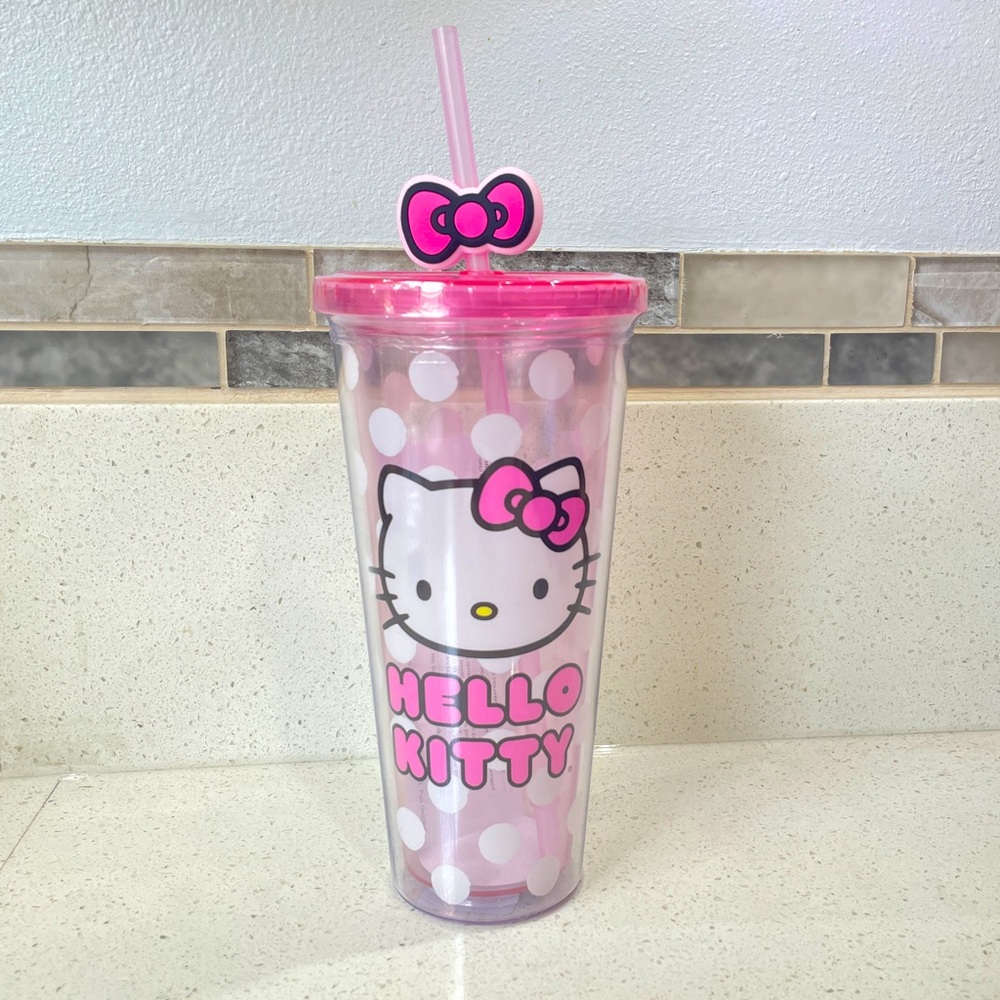 Sanrio Hello Kitty Pink Polka Dot Double Wall Tumbler with Straw and Bow Charm